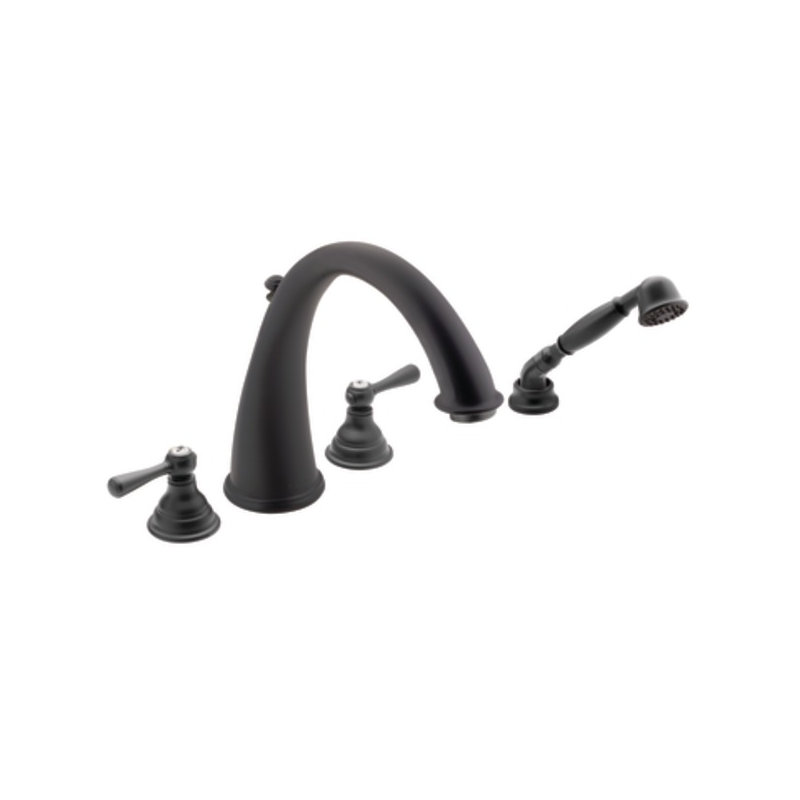 Kingsley Double Handle Deck Mounted Roman Tub Faucet Trim with Handshower, Wrought Iron