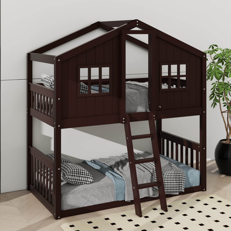 Posell Kids Twin Over Twin Bunk Bed, Espresso