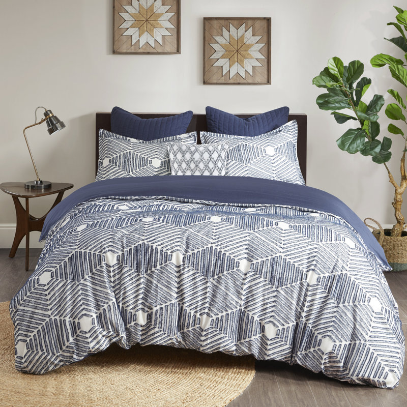Literie en coton très grand / très grand - housse de couette et taies décoratives bleu marine géométrique, lavable à la machine, conception luxueuse, literie, fermeture à boutons