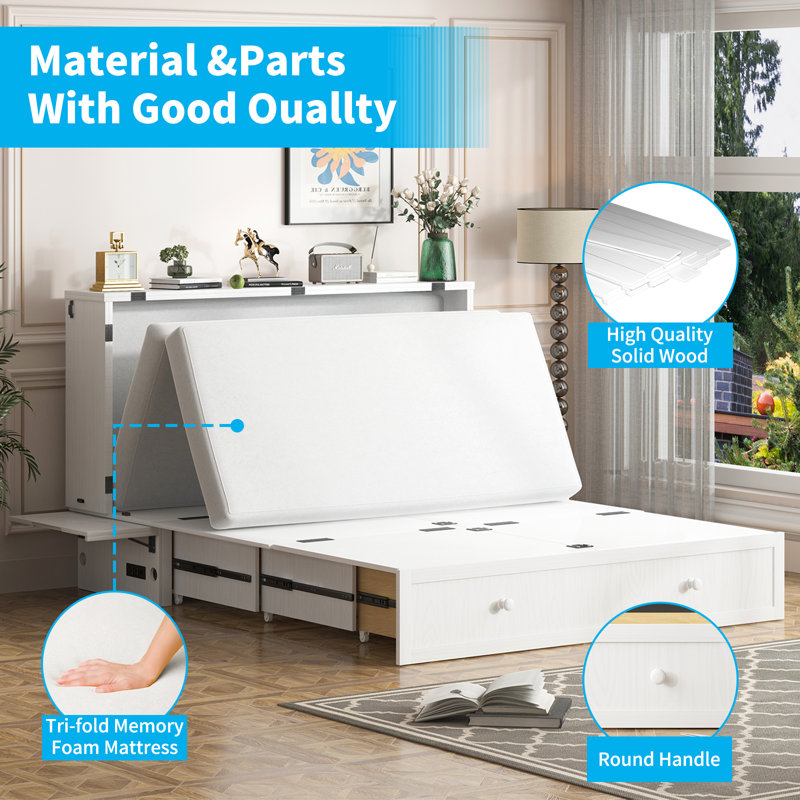 Queen Solid Wood Murphy Bed Chest With Large Storage Drawer & Charging Station, White, White