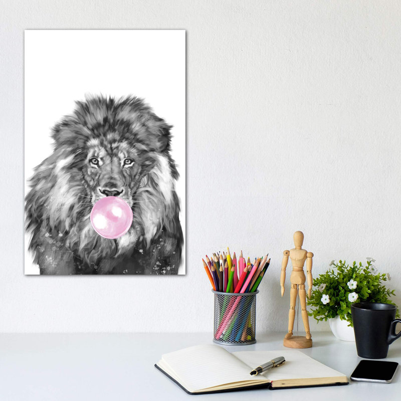 «Bubble Gum Lion» par Big Nose Work - impression d'art graphique, H 12 po x l 8 po x P 0,75 po, Toile tendue, Aucun mat