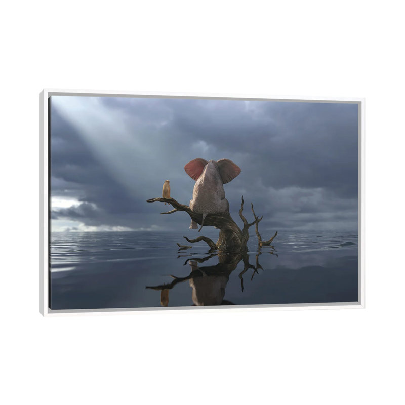 «Elephant and Dog Are Sitting on a Tree in Flood II» par Mike Kyiv - reproduction d'art, Toile blanche encadrée, Pas de tapis