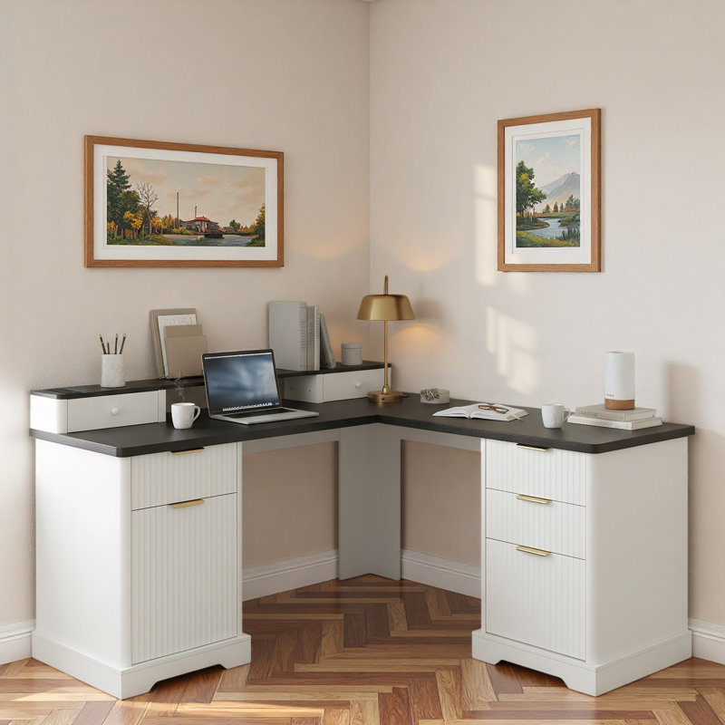 Modern Fluted L-shaped Desk With Charging Station, Storage Cabinet, Monitor Stand, File Drawer And Removable Support Shelf