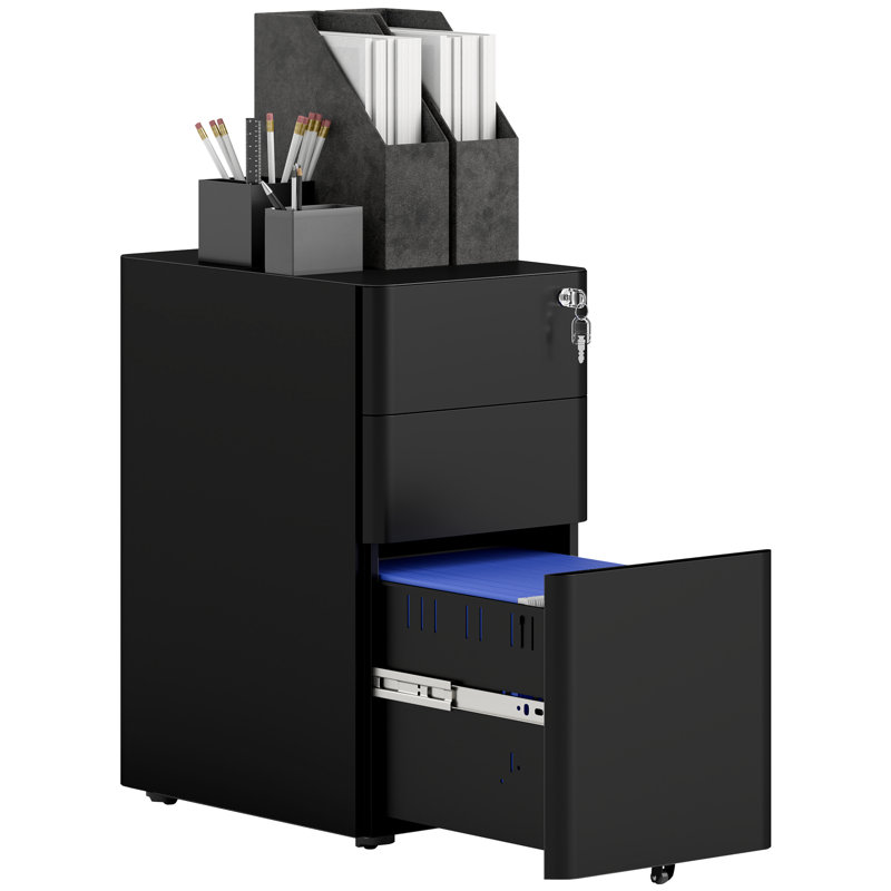 30cm Wide Mobile Steel File Cabinet, Black