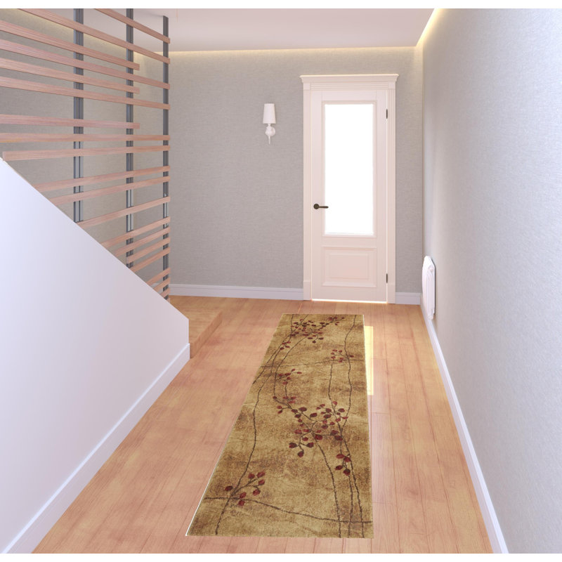 Tapis taupe, beige et rouge à motif floral Arnim, Tapis de couloir 2 pi 3 po x 8 pi