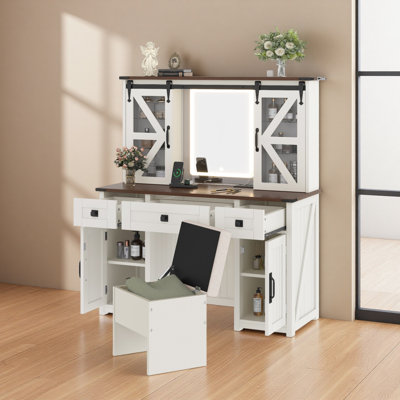 43.3" Farmhouse Makeup Vanity Desk With Lighted Mirror, Vanity Table Set With Storage Stool And Charging Station