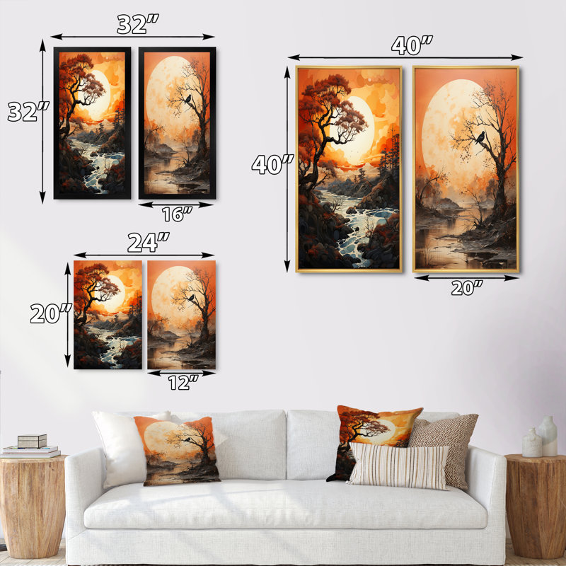 «Tree Orange Moon Silhouette», 2 pièces, H 40 po x l 40 po, Encadrement brun