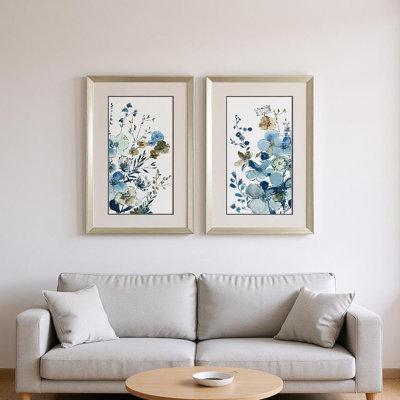 Ensemble d'art mural encadré argenté «Blue Blossoming»
