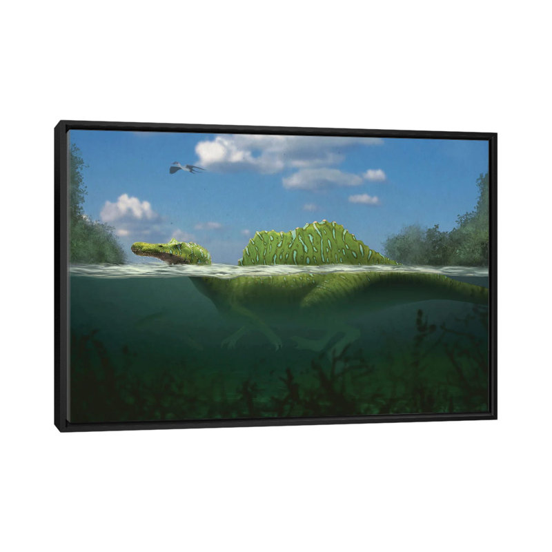 Spinosaurus Swimming In A River. by Paulo Leite Da Silva - Print on Canvas, 66.04 cm H x 45.72 cm W, Black Framed