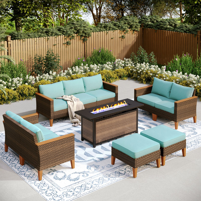 Argyri 9-Piece Wicker Outdoor Patio Conversation Furniture Sectional Set with Fire Pit Table, Yes, Blue