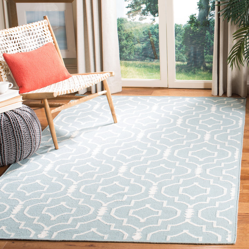 Milltown Hand Woven Flat Weave Wool/Cotton Geometric Rug in Light Blue/Ivory, Rectangle 8' x 10'