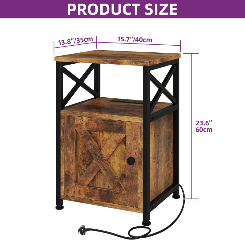 Small Table with Built-In Outlets,Sofa Side Table, Brown Wood