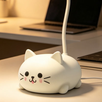 Night Light Cute Cat Shaped LED Desk Lamp, USB Rechargeable Table Light with Eye-Protection Warm White Glow, Adjustable Cartoon Reading Lamp for Kids Bedroom, Nursery & Dormitory