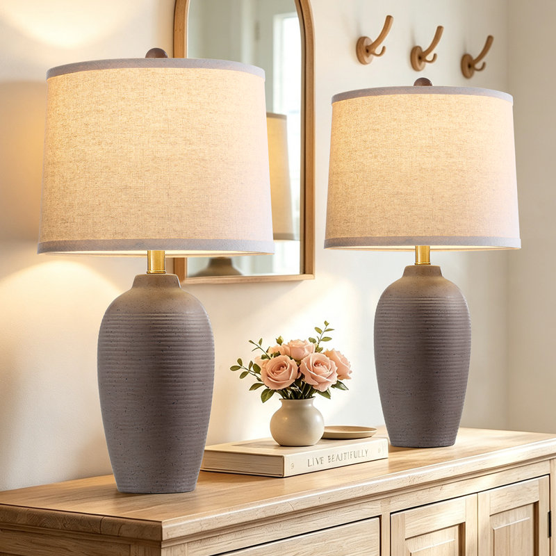 Ensemble de 2 lampes de table en céramique 25 po avec abat-jour en lin, ampoules DEL incluses, Brun