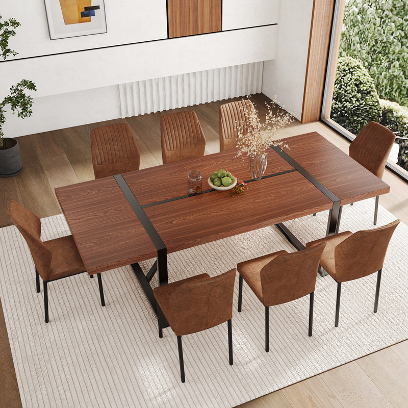 87 Inch Wood Dining Table Set With PU Leather Upholstered Dining Chair, 9 Pieces: Table, 8 Chairs, Walnut, Brown