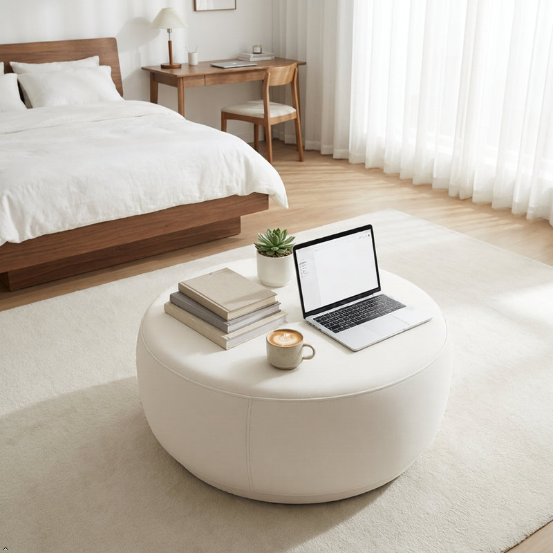 Round Velvet 28" Ottoman Ivory, Ivory