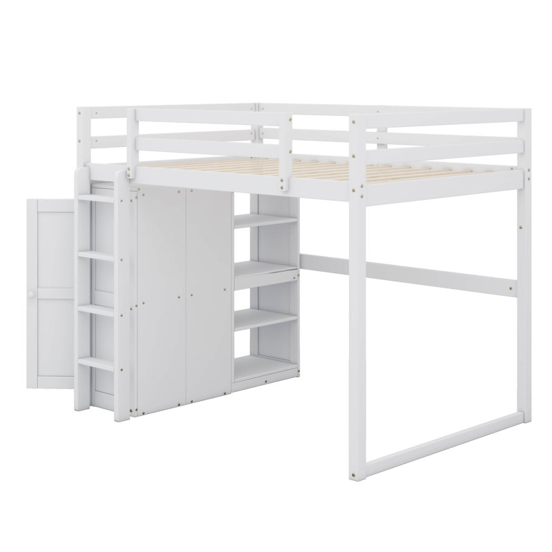 Lit mezzanine en bois pleine grandeur avec tablettes de rangement intégrées pour garde-robe et éclairage DEL, Blanc
