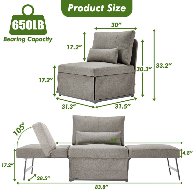 4-In-1 Convertible Sleeper Chair Bed, Light Gray Linen