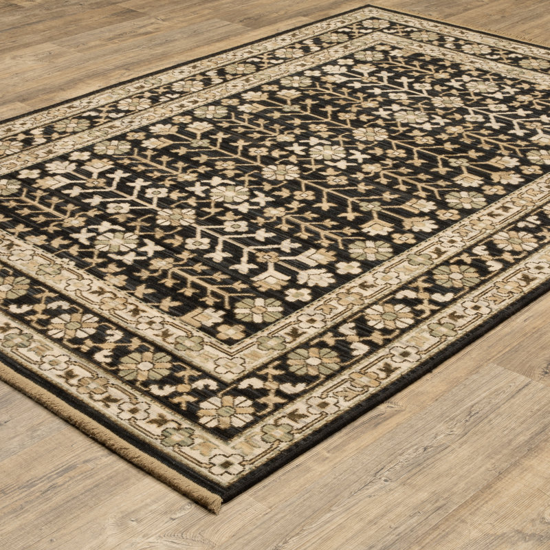 Tapis noir / beige en laine mélangée à motif floral Abena, Rectangulaire 2 pi x 3 pi
