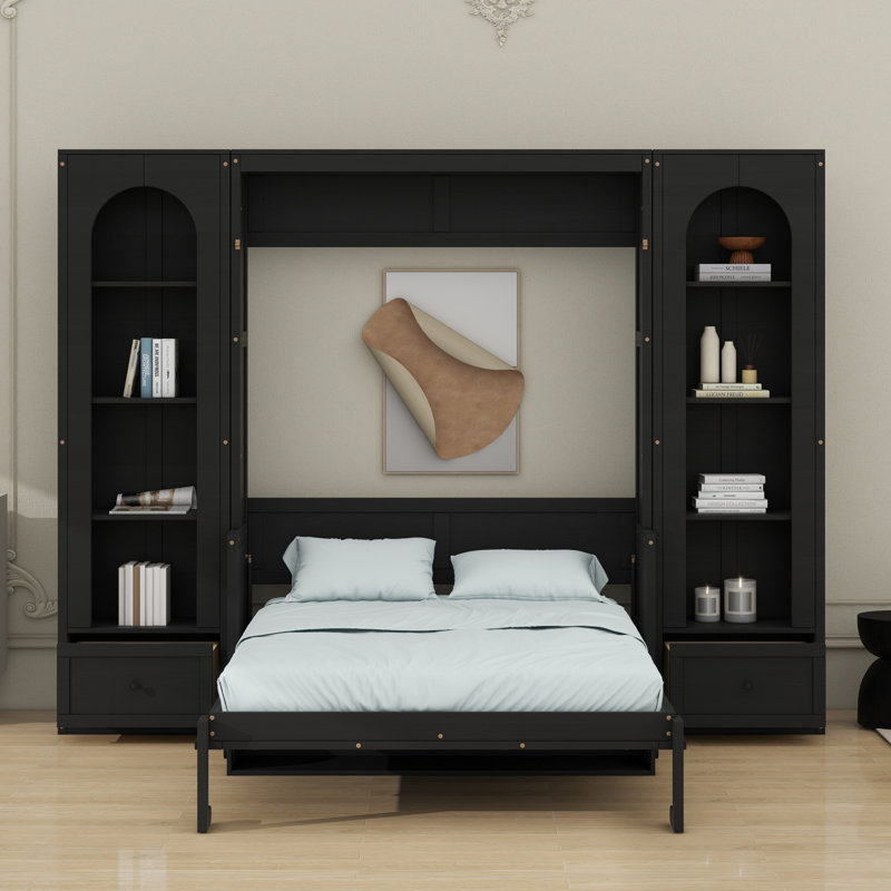 Murphy Platform Bed With Shelf, Side Cabinets, Drawers And LED, Black