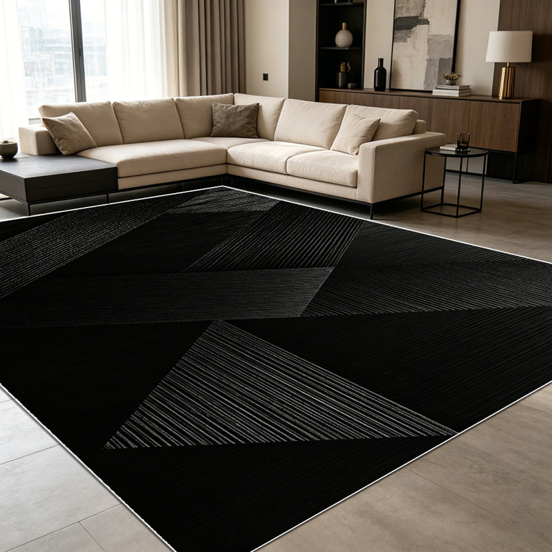 1PC Black Geometric Textured Modern Abstract area rugs for Living Room, Soft and Comfortable, Suitable for all seasons, easy-to-maintain, machine washable Indoor floor mat, Under Table Farmhouse suitable for dining room, bedroom, home office,