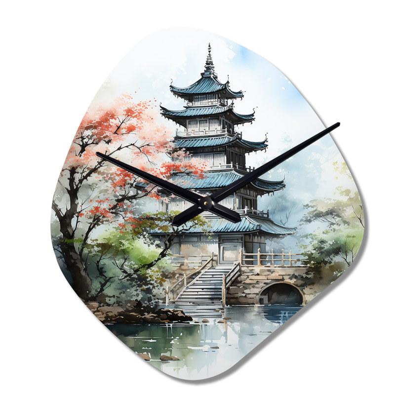 Asian Art Serene Pagoda III - horloge murale asiatique de forme irrégulière, horloge murale, Grand