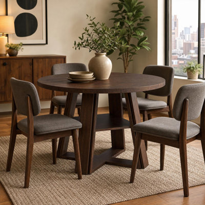Space-Saving Round Dining Table for 2-4 – 43.3" Modern Farmhouse Table with Wooden Pedestal & Storage Shelf – For Apartment, Living or Dining Room – Black Embossed