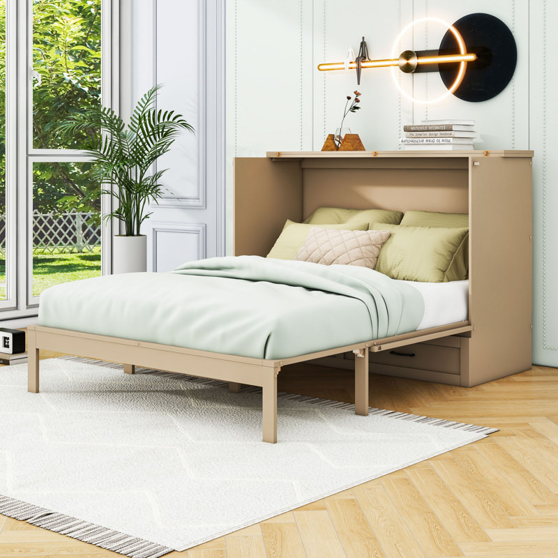 Lit escamotable double en bois avec tiroirs de rangement et ports USB