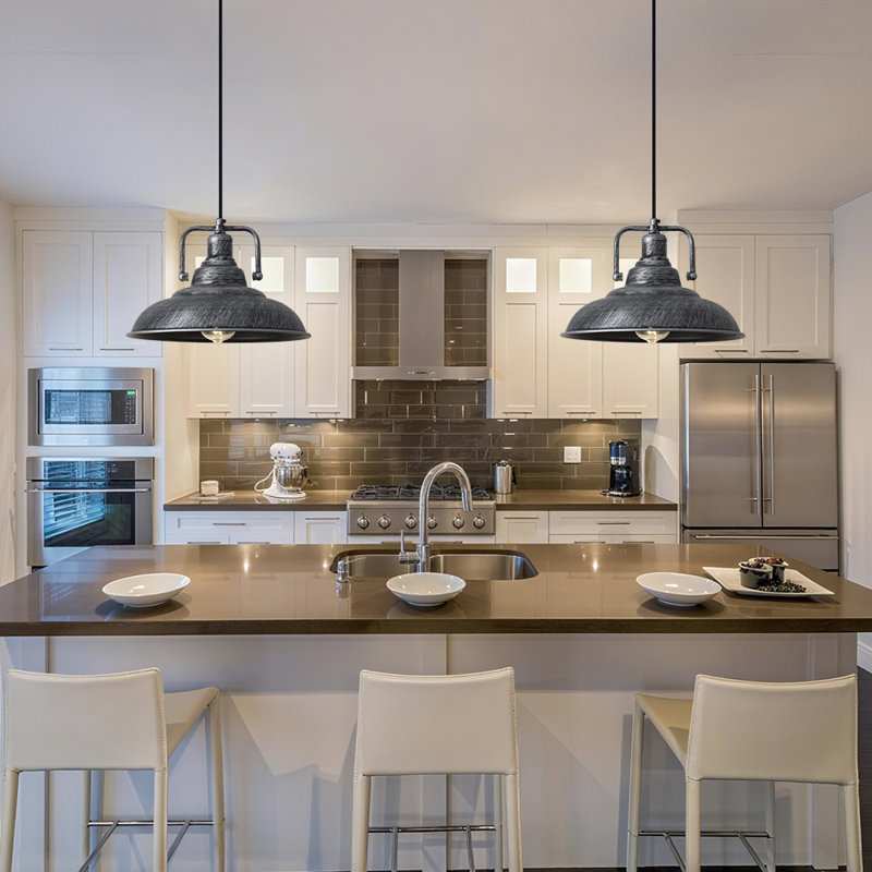 Black and Silver Pendant Light 12 Inch, Farmhouse Pendant Lights Kitchen Island Adjustable Height Industrial Pendant Light for Dining Room Cafe Bar, 2 Pack ﻿
