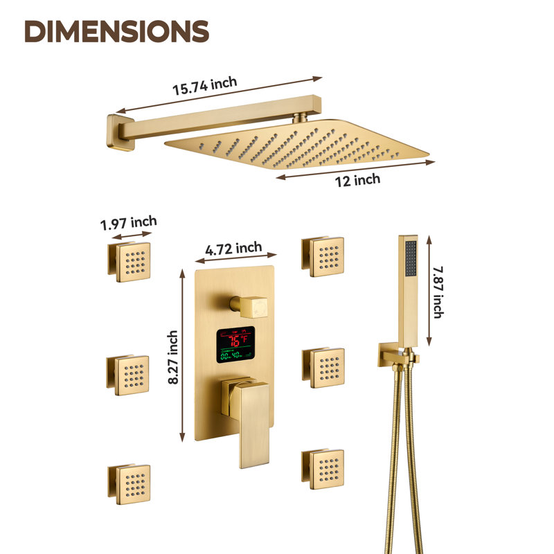 12" LCD Display 3-Function Wall Mounted Pressure Balanced Luxury Shower System with 6 Body Jets, Brushed Gold