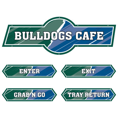 AmTab - Serving-Décor-S01-A-EC - Serving Area Signage (5 pieces) - Style 1 - Bulldogs
Café Sign: 24"W x 72"L
Enter Sign:  8.5"W x 36"L
Exit Sign:  8.5"W x 36"L
Grab N Go Sign:  8.5"W x 36"L
Tray Return Sign:  8.5"W x 36"L
