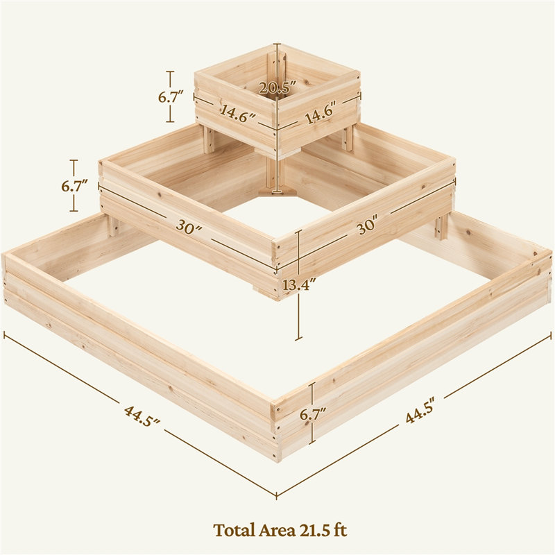 3-Tier Fir Wood Raised Garden Bed Open-Bottom Planter