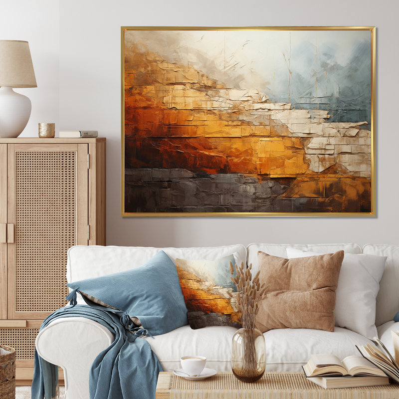 Grey And Orange Geological Wonders - Abstract Collages Canvas Art Print, H 16 po x l 32 po x P 1 po, Cadre flottant doré