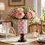 Vase à carreaux avec base en bois, centre de table en herbe de la pampa noire et blanche, vase à carreaux pour table à manger ou table de cuisine, décor minimaliste, (rose)-1805337589