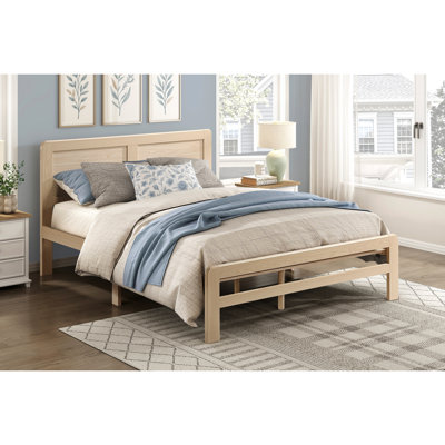 Cadre de lit grand lit contemporain avec finition naturelle, tête de lit, lattes et rails, aucune base nécessaire pour la conception de la plateforme de finition de chambre à coucher, rails
