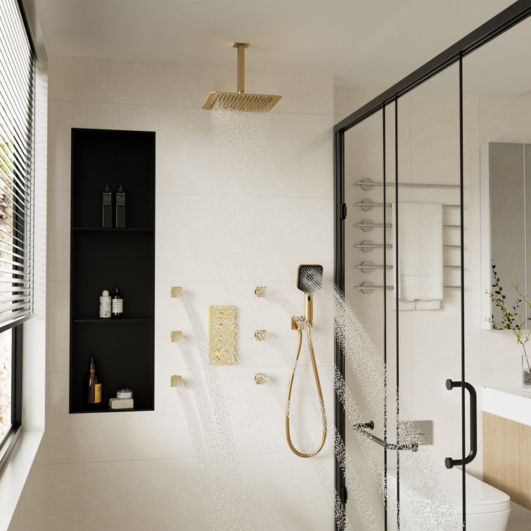3 Functions 12 Inch Ceiling Mounted Thermostatic Shower System with 6 Body Jets
