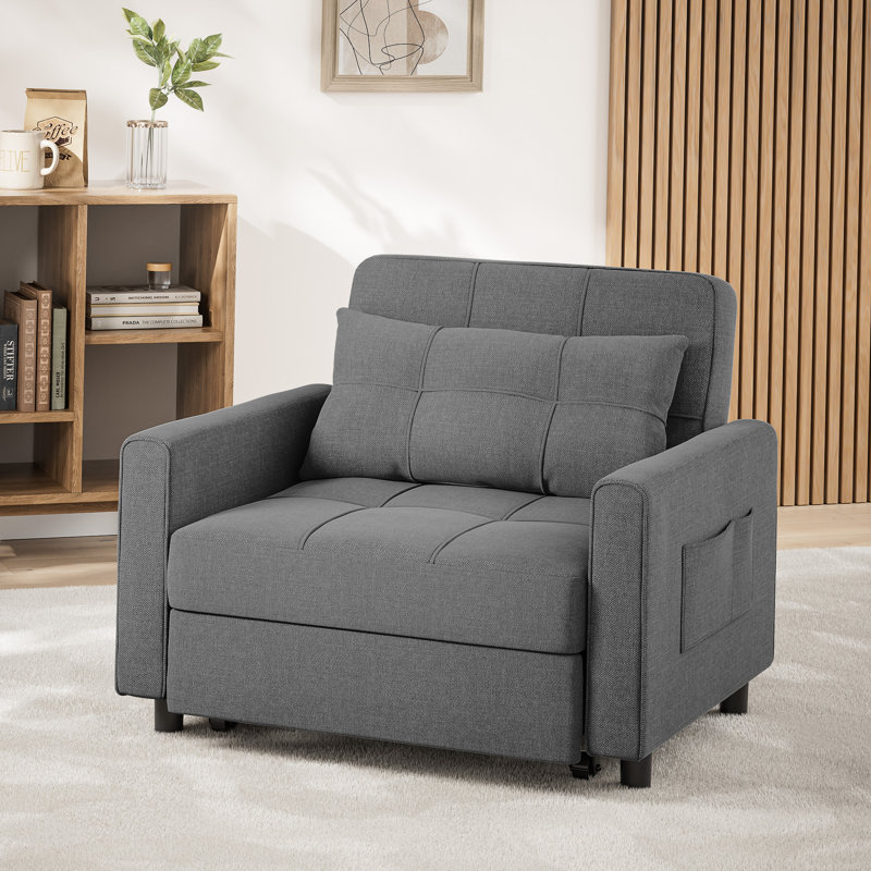 3-in-1 Convertible Pull Out Sleeper Chair, Adjustable Backrest 100°-180° Upholstered Single Sofa Bed with Side Pocket & Casters,Linen Accent Chair for Living Room Guest Room