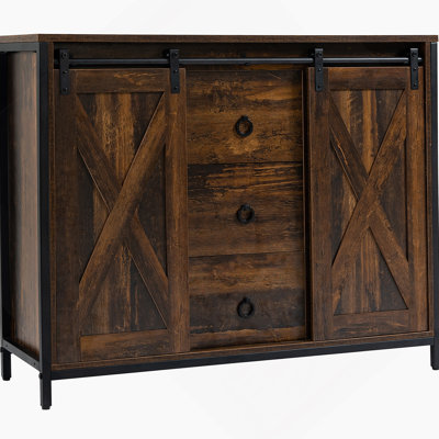 Buffet, buffet de cuisine avec portes de grange coulissantes, trois tiroirs et tablettes réglables