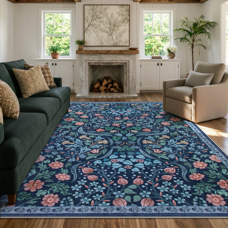 Tapis lavable à motif floral Kaldi, Rectangulaire 8 pi x 10 pi, Bleu
