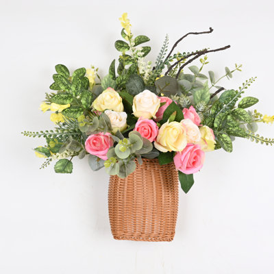 Artificial Spring Summer Peony Floral Arrangement For For Front Door Wall Decor, Greenery Foliage Leaves Eucalyptus Table Centerpiece For Home Office Wedding Party Decor