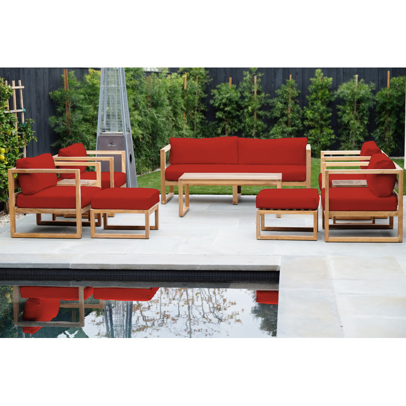 Venice Teak 8 Piece Deep Seating Group With Coffee Table, Jockey Red
