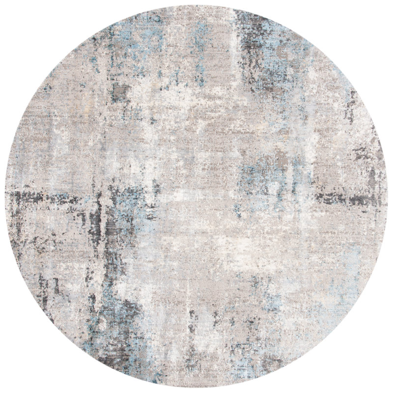 Tapis gris / bleu / ivoire tissé à la machine, Rond 6 pi 7 po