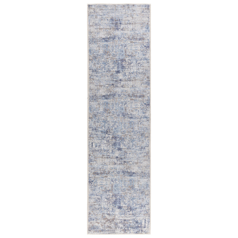 Tapis abstrait lavable à la machine en bleu / crème / gris, Tapis de couloir 2 pi 2 po x 7 pi 6 po