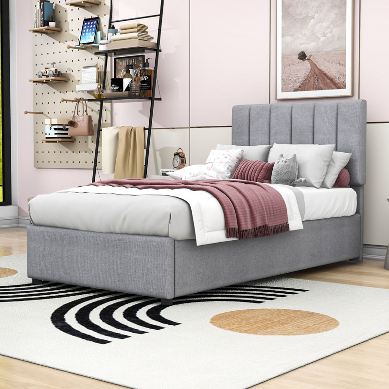 Lit plateforme simple tapissier avec système de rangement, gris