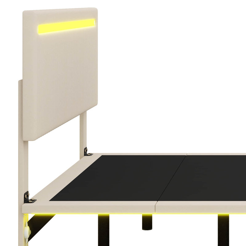 Floating Bed With Sensor LED Lights And Height-Adjustable Headboard, Vertical Channel Design, Beige, Full
