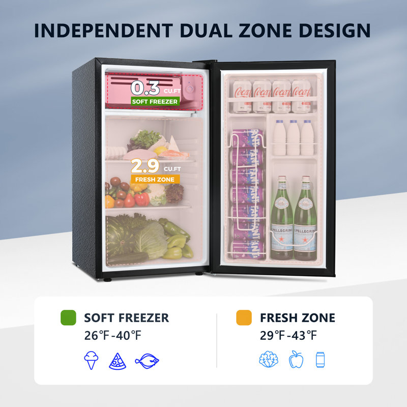 Simzlife 3.2 Cu. Ft. Mini Fridge with Freezer Reversible Door for Flexible Placement, 7 Precise Temp Controls& 2 Easy-Clean Shelves, ldeal for Bedrooms/Offices/Dorms, Black