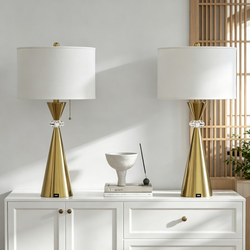 Ensemble de 2 lampes de table en forme de sablier, fini or brossé, 71 cm de hauteur, avec port USB et abat-jour cylindrique blanc, pour chambre ou salon.