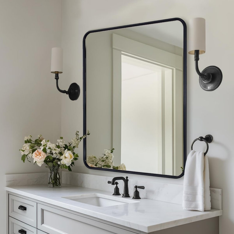 Miroir de salle de bain rectangulaire contemporain arrondi | Structure en U en aluminium, Noir mat, 36 po x 30 po