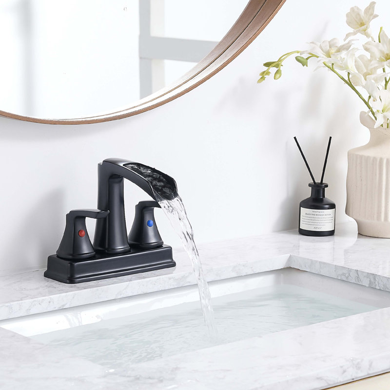 Bathroom Faucet - 4 Inch Centerset Waterfall Faucet With 2 Handles, 360 Degree Swivel Spout, 3 Hole Sink, Pop Up Drain, Black
