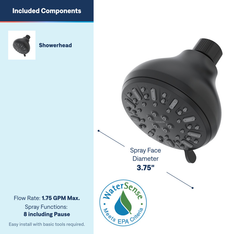 Moen 8-Function Shower Head, Wall Mount Showerhead with Adjustable Spray Settings, Matte Black, 280W1BL